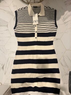 Zara Navy and Cream Striped Sleeveless Polo Knit Dress